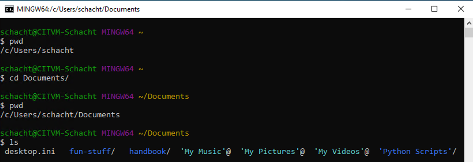 Terminal window in Git Bash showing contents of Documents folder