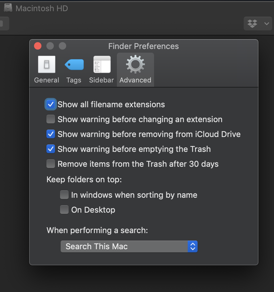 View of Mac Finder Advanced Preferences to show marking Show File Extensions