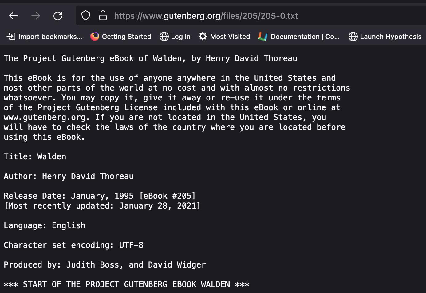 Plain text version of Walden as viewed in a browser