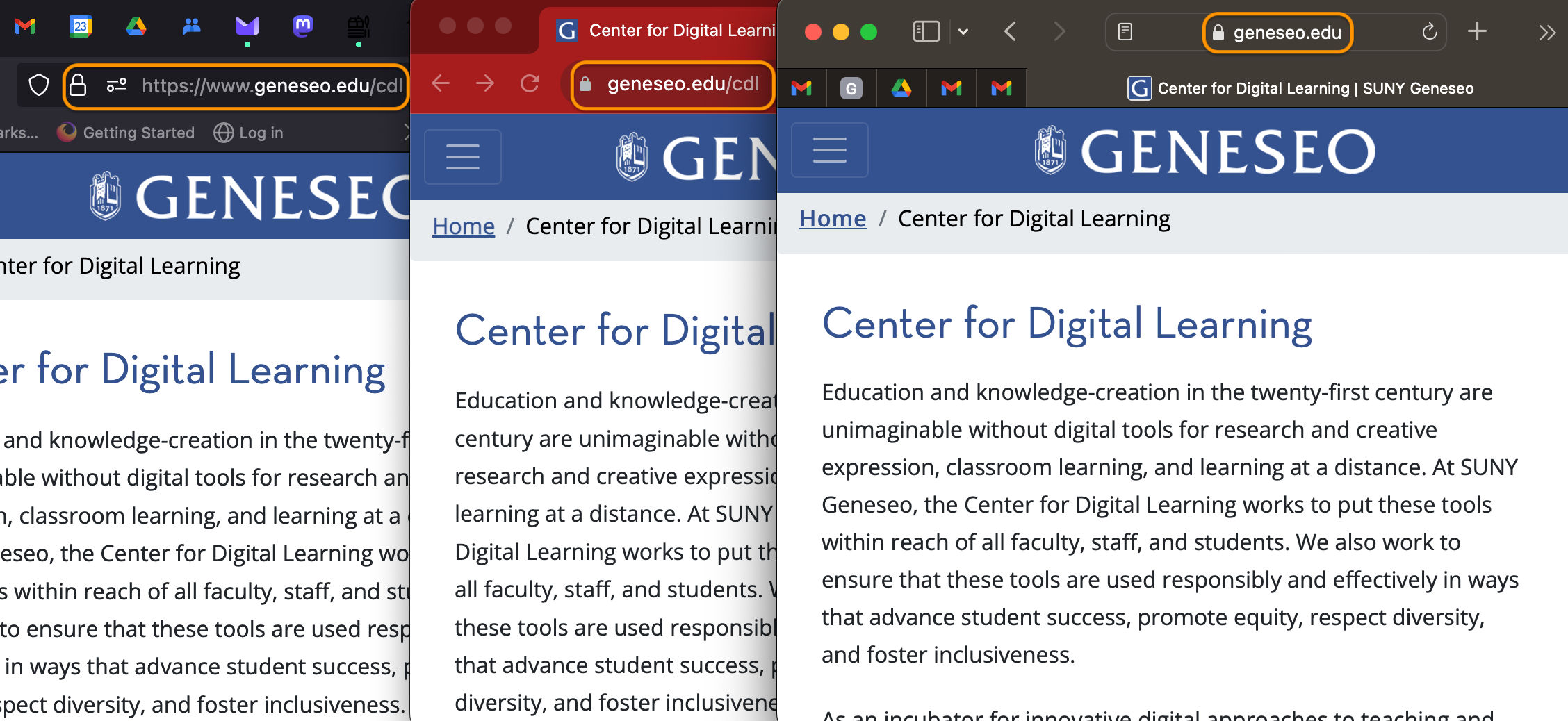 The landing page URL for Geneseo CDL as it appears in three different browsers