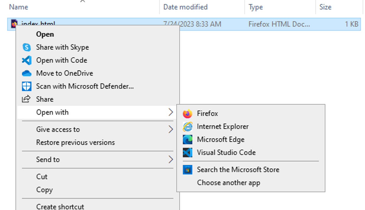 File Explorer in Windows showing Open With in context menu