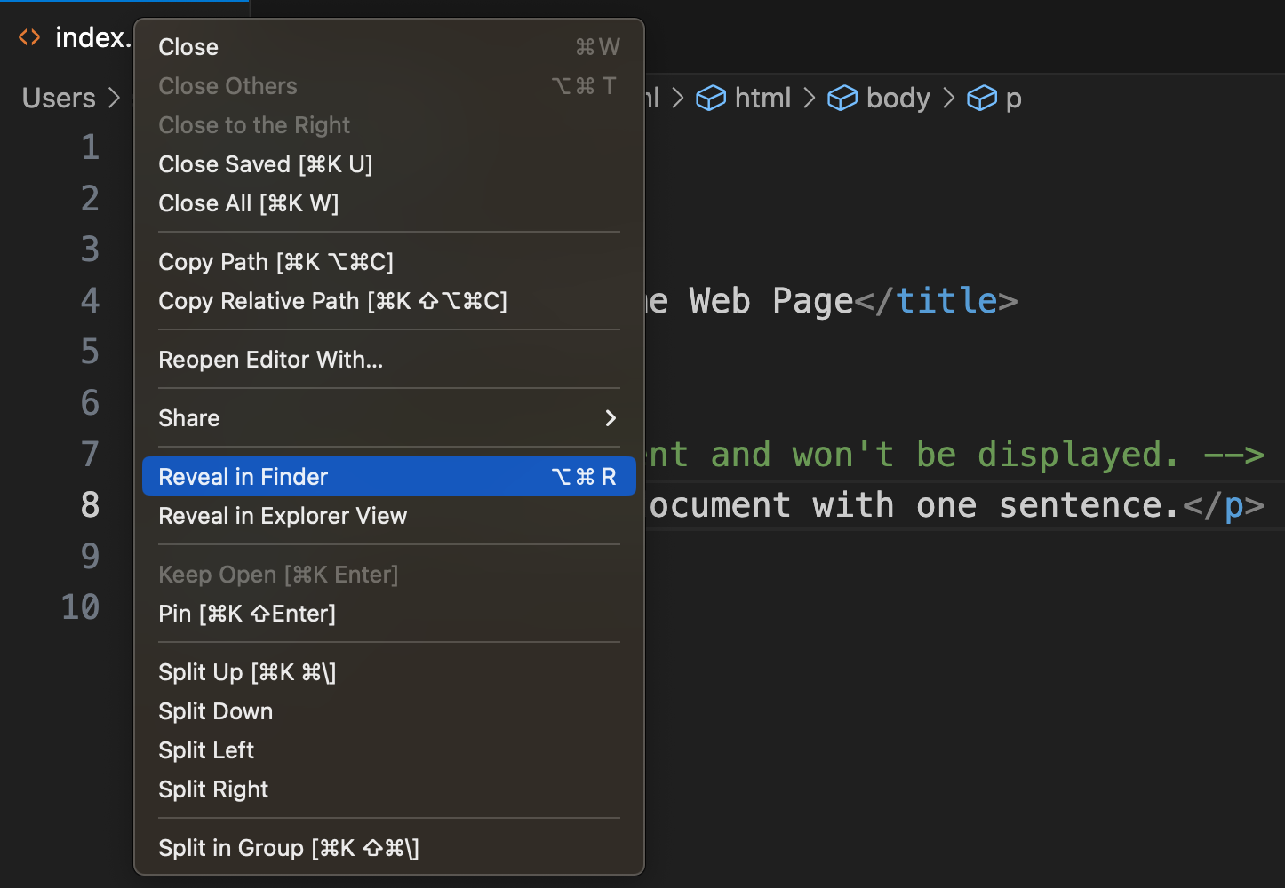 VS Code context menu showing Reveal in Finder selected