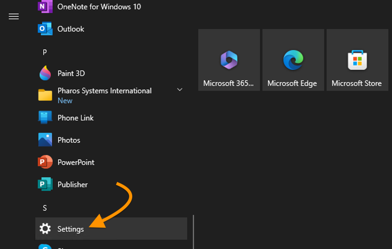 Windows Settings in Start menu