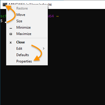 Settings menu in Git Bash showing Properties option