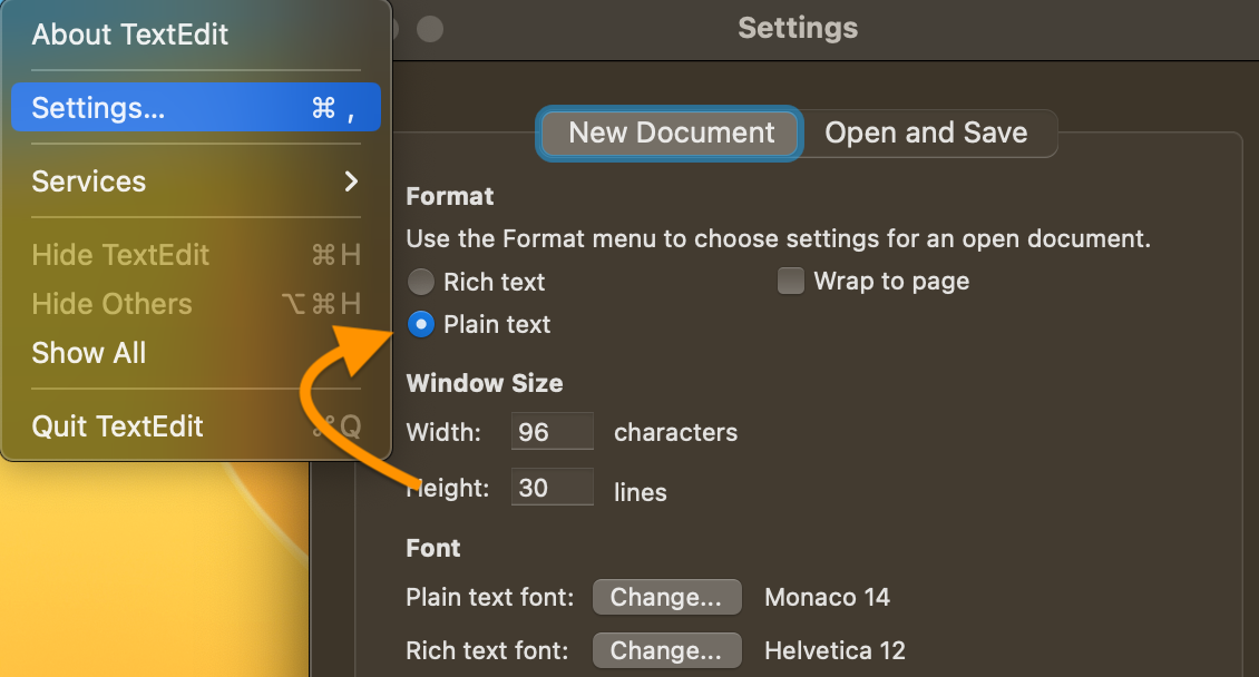 TextEdit settings